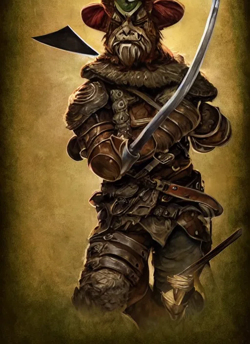 Image similar to strong young man, photorealistic bugbear ranger holding sword, fire magic, black beard, dungeons and dragons, pathfinder, roleplaying game art, hunters gear, jeweled ornate leather and steel armour, concept art, character design on white background, by norman rockwell, makoto shinkai, kim jung giu, artstation trending, poster art, colours red and green