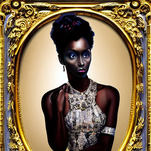 Image similar to hyperdetailed maximalist elaborate half - lenght portrait of a futuristic a beautiful black girl, wearing luxury clothing. rococo architecture, in the style of modigliani and mixed media collage. matte background hd 8 x