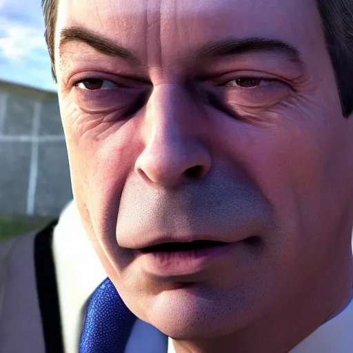 Image similar to nigel farage in skyrim splash art, movie still, cinematic lighting, dramatic, octane render, long lens, shallow depth of field, bokeh, anamorphic lens flare, 8 k, hyper detailed, 3 5 mm film grain