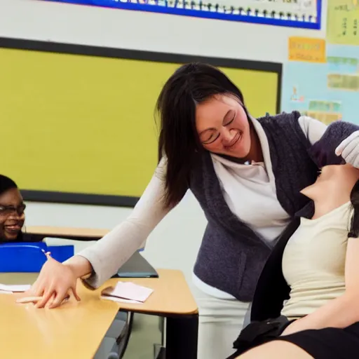 Prompt: a teacher tickling an university female student