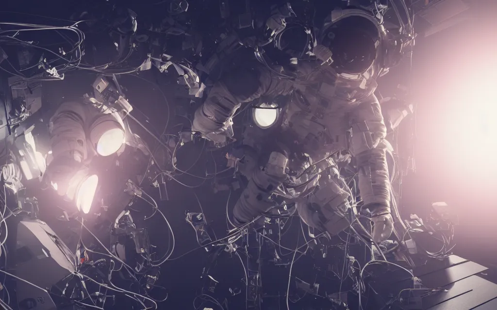 Image similar to astronaut connected by a lot of cables to a supercomputer designed by Dieter Rams, cinematic lighting, haze, octane render, lens flare