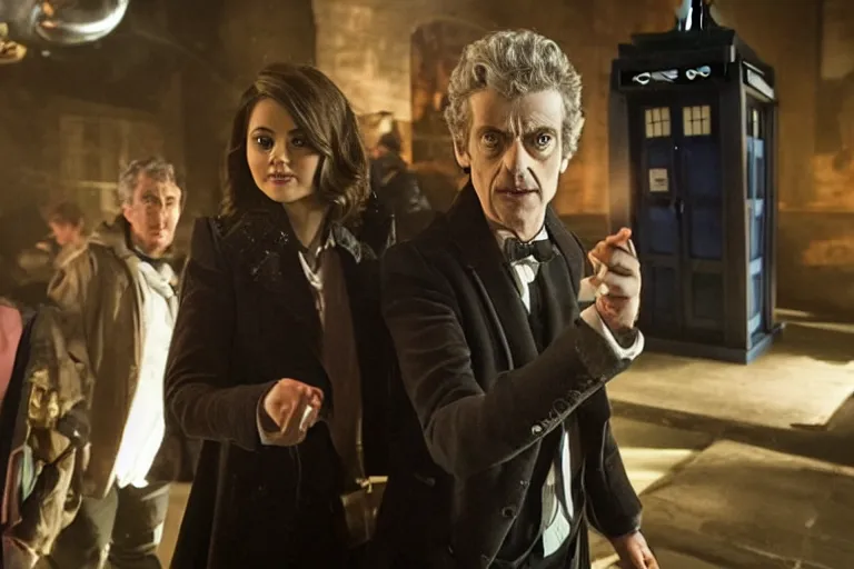 Prompt: Screenshot from the 2015 Doctor Who episode “Assault of the Benefactors”, starring Peter Capaldi and Jenna Coleman