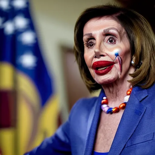 Prompt: Nancy Pelosi with colorful clown makeup all over her face