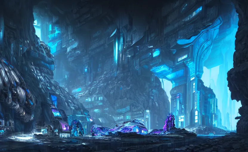 Image similar to cyberpunk factory in a giant dark cave, black rocks, detailed stones, dramatic light, blue crystals, hyper detailed, realistic, intricate, concept art by frank hong, mate painting, artstation