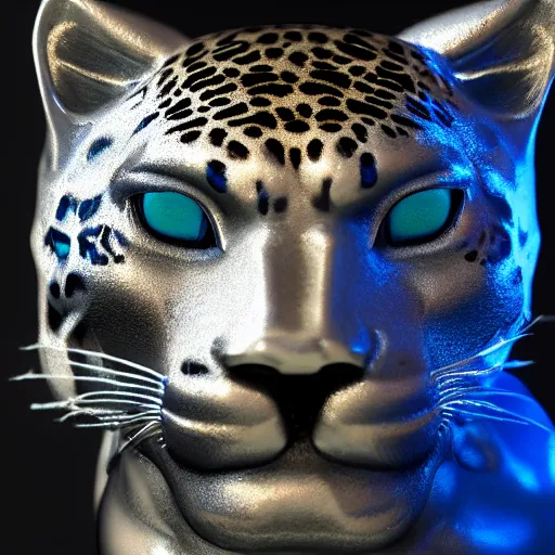 Image similar to silver jaguar sculpture with glowing blue eyes, octane render