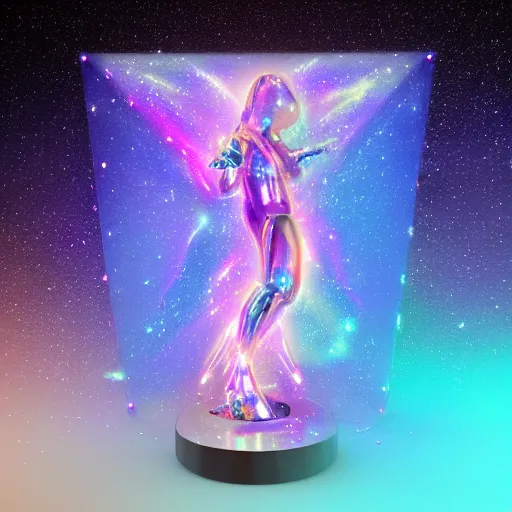 Prompt: holographic transparent futuristic galaxy sculpture of celestial steed, transparent celestial light gels, vibrant acrylic glass crinkled correction gel, colored film face, glowing stars, glinting, glittering, cyan, white, ultra realistic, photorealistic, 3 d render, unreal engine, octane render, sharp, studio