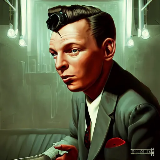 Image similar to perfect composition, cinematic atmosphere, award-winning concept art, detailed digital painting, airbrushed: young Frank Sinatra as a poor 1950s bartender. Soviet dystopia, cyberpunk, steampunk. Poverty. Volumetric cinematic lighting, great attention to perfect anatomy, special attention to posing, great attention to realistic facial expression, faithful cinematic color scheme, perfectly coherent. In the style of: Greg Rutkowski, Francis Bacon, Syd Mead, Norman Rockwell, Beksinski, Edward Hopper, James Gilleard, Ilya Kuyshinov, WLOP, Stanley Artgerm, Takato Yamamoto, and James Jean.