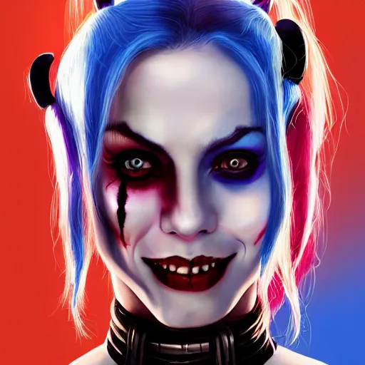 Prompt: Harley Quinn from the suicide squad, smiling, portrait, fantasy, medieval, beautiful face, vivid colrs, elegant, concept art, sharp focus, digital art, Hyper-realistic, 4K, Unreal Engine, Highly Detailed, HD, Dramatic Lighting by Brom, trending on Artstation