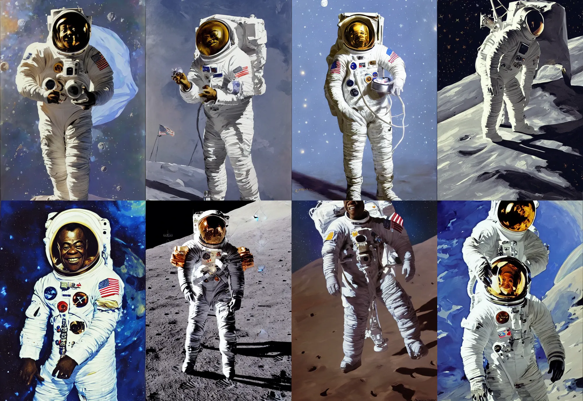 Prompt: a photo of louis armstrong wearing a space suit on the moon, by greg manchess and john singer sargent and jonathan yeo, dramatic lighting, highly detailed