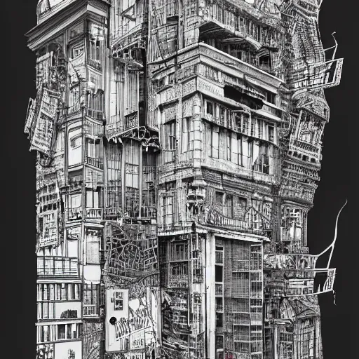 Image similar to a black and white drawing of a building, a detailed mixed media collage by hiroki tsukuda and eduardo paolozzi, intricate linework, sketchbook drawing, street art, polycount, deconstructivism, matte drawing, academic art, constructivism