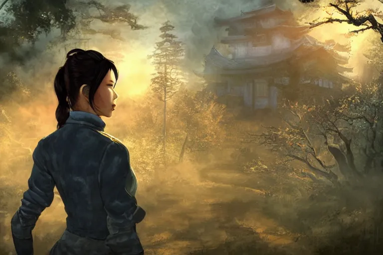 Image similar to fallout 5, charismatic beautiful rugged asian female protagonist, portrait, outdoors in forest, tori gate and shinto shrine in the background, atmospheric lighting, painted, intricate, volumetric lighting, daytime, winter, clear weather, sharp focus, ultra detailed, art by william turner