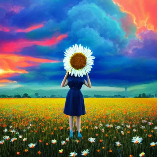 Image similar to giant daisy flower head, full body girl standing in a flower field, surreal photography, sunrise, dramatic light, impressionist painting, colorful clouds, digital painting, artstation, simon stalenhag