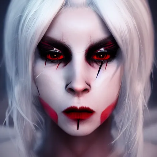 Image similar to a highly detailed portrait of a humanoid demon girl with white hair, red horns, in white clothes, artstation, deviantart, professional, unreal engine 5, photorealistic