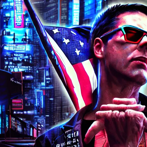 Image similar to jc denton president of usa, cyberpunk, cinematic, hyper realism, photorealistic, highly detailed 4 k,