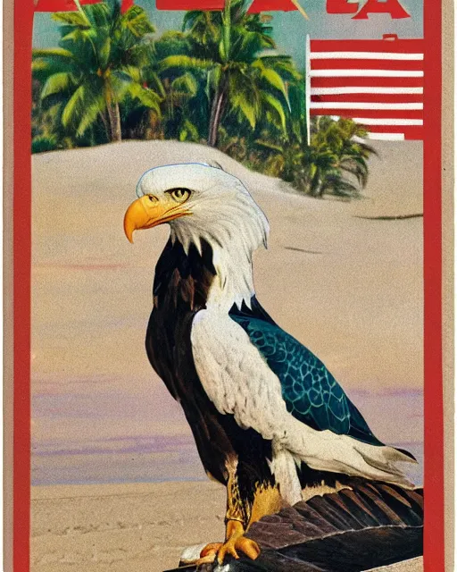 Image similar to postcard showing 'a cool bald eagle perched on a beach chair with shades and a beer bottle' laying in the sand, advertisement, american flag