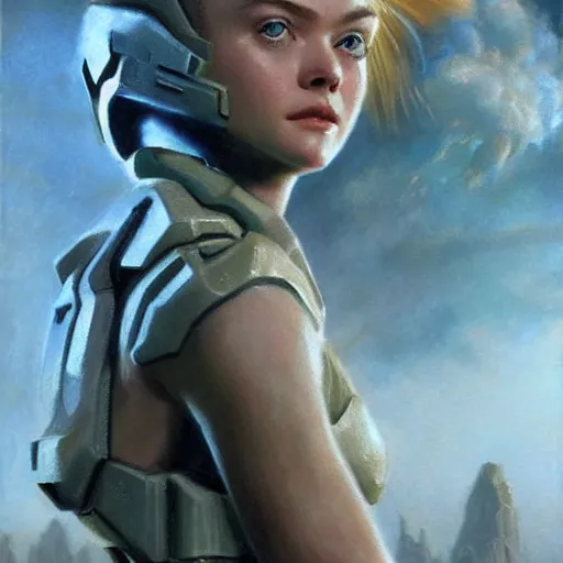 Image similar to ultra realistic portrait painting of elle fanning in halo 2, art by frank frazetta, 4 k, ultra realistic, highly detailed, epic lighting