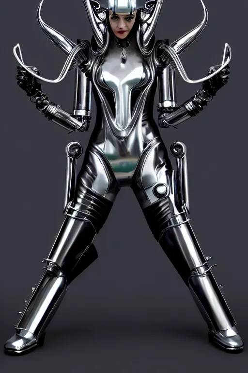 Image similar to female chrome futuristic cyborg with curved metal horns, chrome motorcycle parts, full body, Loki horns, machine background, dark sci-fi, diffuse lighting, fantasy, intricate, elegant, highly detailed, lifelike, photorealistic, digital painting, artstation, illustration, concept art, smooth, sharp focus, art by John Collier and Albert Aublet and Krenz Cushart and Artem Demura and Alphonse Mucha