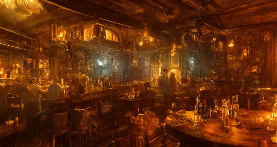 Image similar to alchemy tavern, hyperdetailed, artstation, cgsociety, golden hour 8 k, volumetric lighting, blue light
