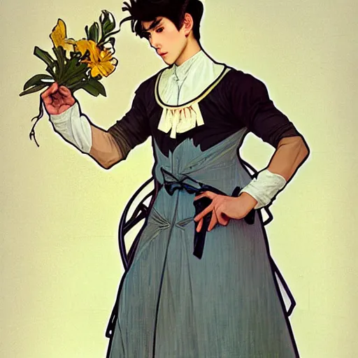 Image similar to full body painting of grumpy handsome thin beautiful young man in his 2 0 s named min - jun in a modest french female maid outfit, modern clothing, elegant, clear, painting, stylized, sharp facial features, pouty, highly detailed, art, art by alphonse mucha