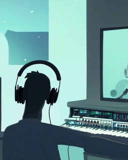 Image similar to man with headphones at his home studio producing music late at night, very detailed, 4 k, cory loftis, james gilleard, atey ghailan, makoto shinkai, goro fujita, studio ghibli, rim light, exquisite lighting, clear focus, very coherent