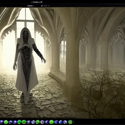 Image similar to A woman dressed in necromancer's robes investigating what lies beyond life. Highly detailed 3d fractal, volumetric lighting, sharp focus, ultra-detailed, hyperrealistic, complex, intricate, 3-point perspective, hyper detailed, unreal engine 5, IMAX quality, cinematic, finely detailed, small details, extra detail, symmetrical, high resolution, rendered 3D model, octane render, arnold render, PBR, path tracing, 8k, 4k, HD, hi-res, award-winning, awe-inspiring, ground-breaking, masterpiece , artgem, Dark Fantasy mixed with Socialist Realism, saturated colours