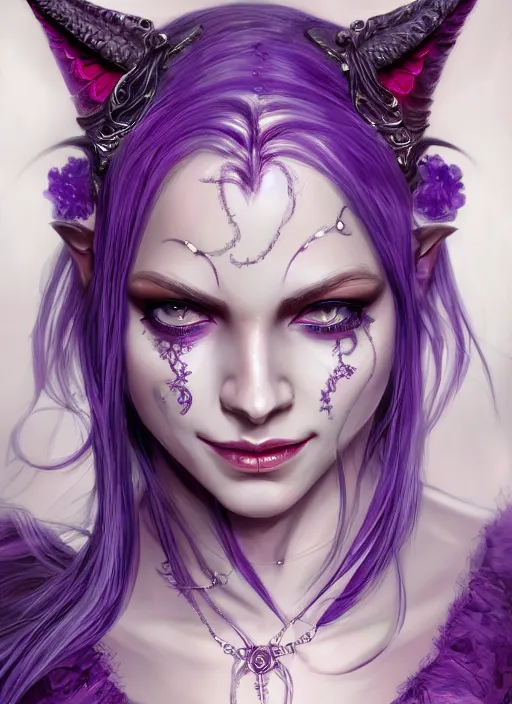 Prompt: purple skin, Tiefling , smiling, beautiful detailed eyes, cute, fantasy, intricate, elegant, highly detailed, digital painting, 4k, HDR, concept art, detailed jewelry, smooth, sharp focus, illustration, by Wayne Reynolds