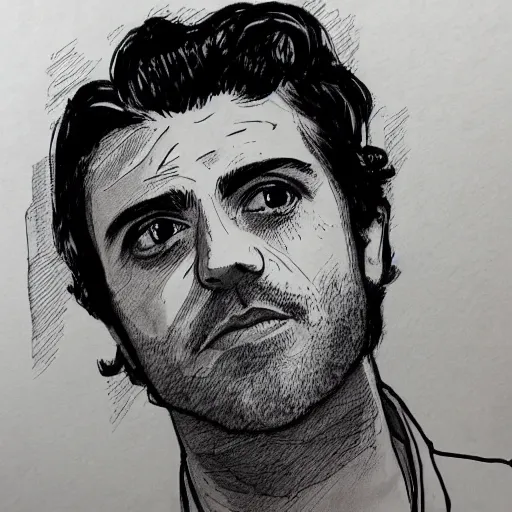 Prompt: ink and brush drawing of a portrait that is a cross between oscar isaac and ben mendelsohn