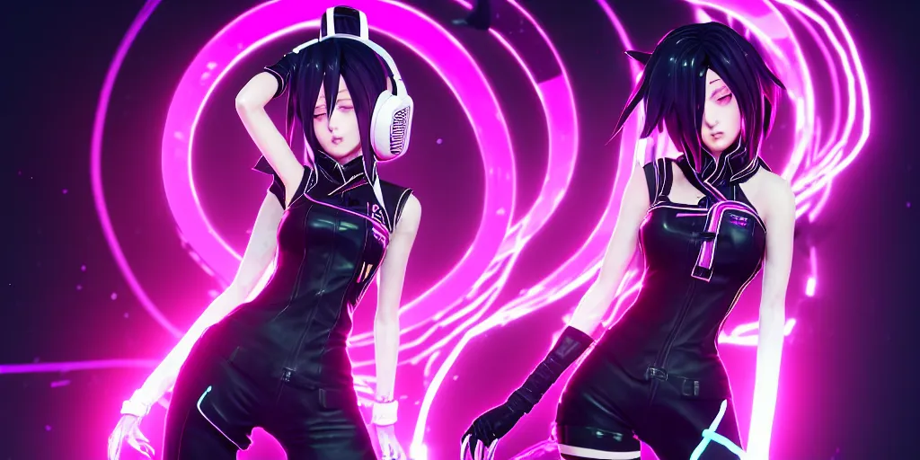 Prompt: KDA akali singing facing the camera centered with headphones on in the style of a code vein character, momo from twice in code vein in the style of WLOP, artgerm, yasutomo oka, rendered in unreal engine and redshift octane , background is surrounded by epic neon glitch effect digital art dynamic dramatic lighting, soft lighting, imagine fx, artstation, cgsociety, by Bandai Namco artist,