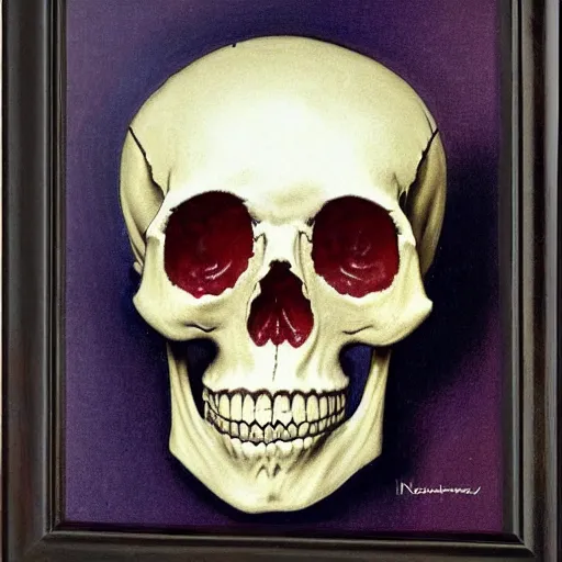 Image similar to Frontal portrait of a carved skull with ruby eyes. A portrait by Norman Rockwell.