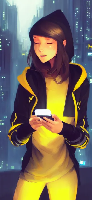 Image similar to a vtuber model concept art of a beautiful girl in a black and yellow hoodie looking on a smartphone in her hand, blue eyes, long hair, full body art, futuristic city background, artstation, digital art, commission art, style by jordan grimmer and greg rutkowski, 4 k resolution