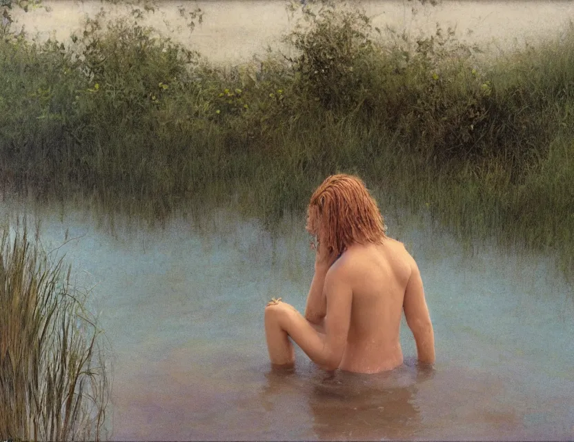 Image similar to peasant with wet hair taking a bath in a lake, back view, cottage core, cinematic focus, polaroid photo bleached vintage pastel colors high - key lighting, soft lights, foggy, by steve hanks, by lisa yuskavage, by serov valentin, by tarkovsky, 8 k render, detailed, oil on canvas