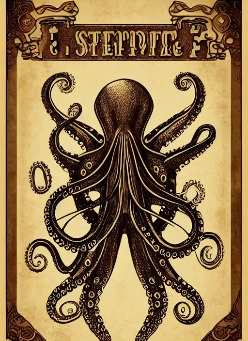 Image similar to steampunk octopus, hand drawn illustration, antique style poster, highly detailed vector art