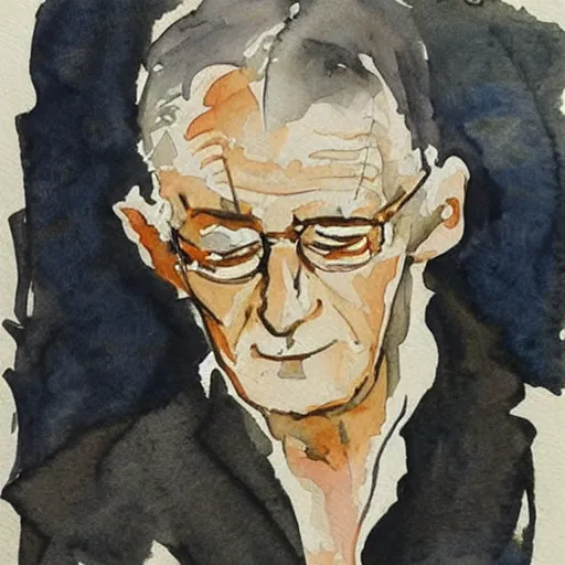 Prompt: herman hesse. watercolor with pancil by hugo pratt.