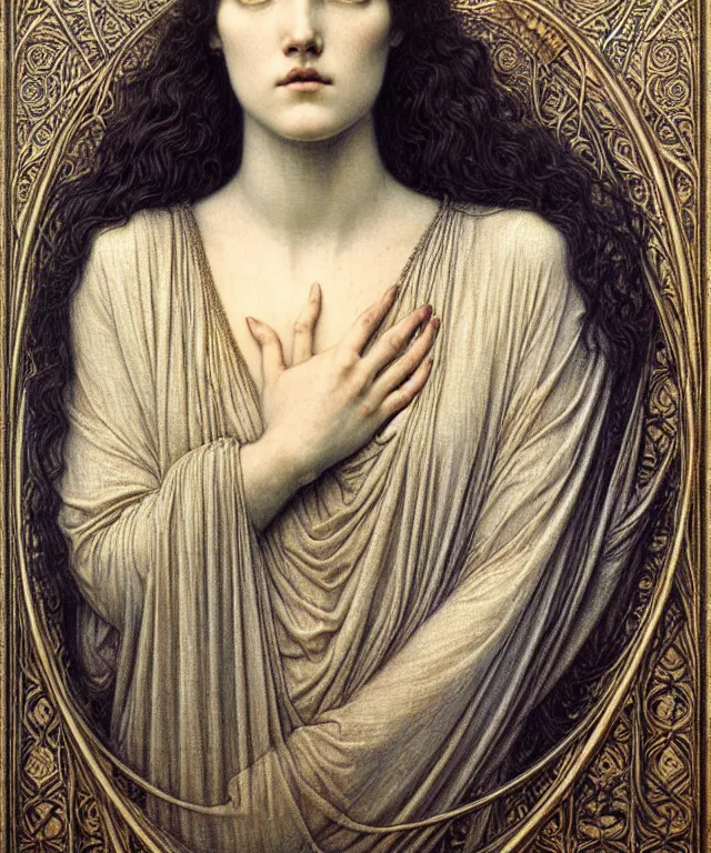 Image similar to detailed realistic beautiful young medieval queen face portrait by jean delville, gustave dore and marco mazzoni, art nouveau, symbolist, visionary, gothic, pre - raphaelite. horizontal symmetry