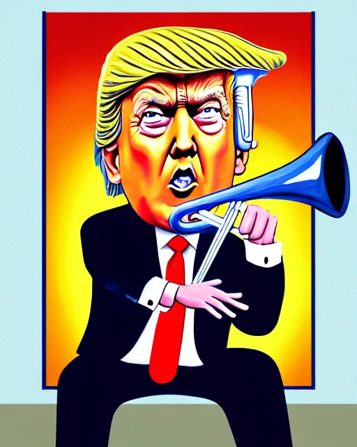 Image similar to painting portrait of trump as a trumpet, cartoon, warm lighting, trump has an trumpet, movie poster, illustration by bartek fedyczak, erak note, tooth wu, neil richards, kan liu, siwoo kim, jisu choe, trending on art station