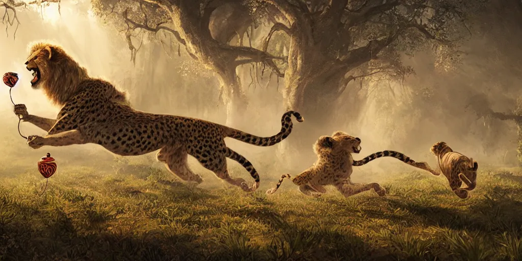 Image similar to lion and cheetah run through the ancient forest with a birthday ribbons and balloons , concept art, huge scale, high details by Evgeniy Antonenkov