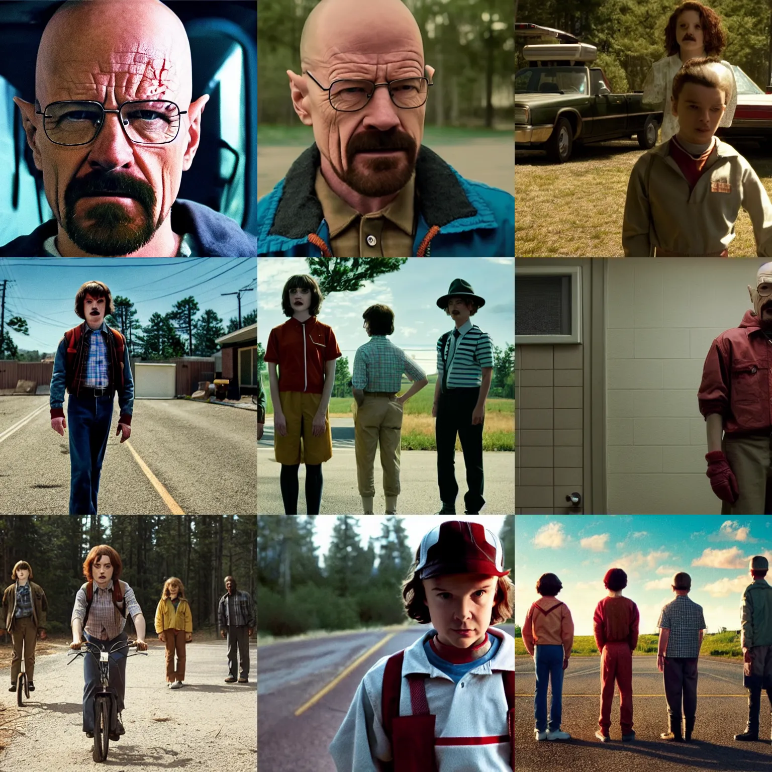 Prompt: a still from stranger things featuring walter white