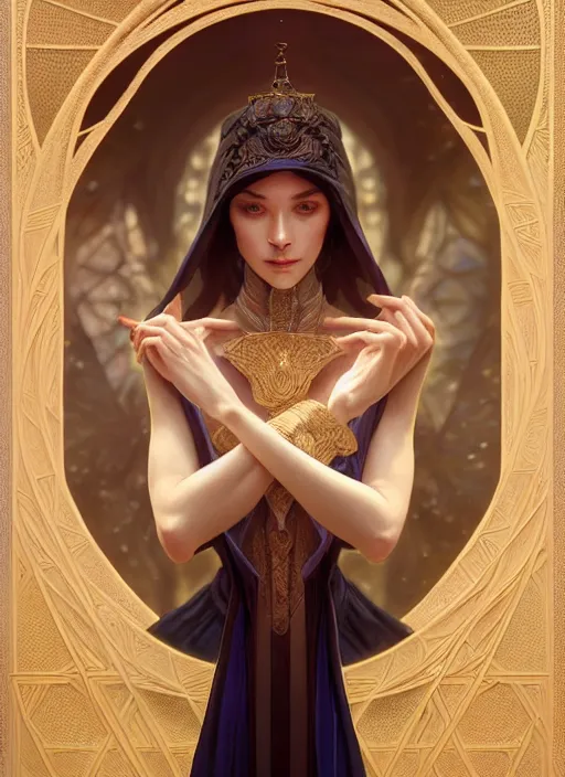 Image similar to symmetry!! portrait of a female sorcerer, dar fantasy, intricate, elegant, highly detailed, my rendition, digital painting, artstation, concept art, smooth, sharp focus, illustration, art by artgerm and greg rutkowski and alphonse mucha and huang guangjian and gil elvgren and sachin teng