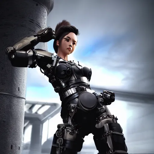 Image similar to a cybernetic female android martial-artist/mercenary in a combat pose Photorealistic HD 8k highlights and shadow detailed High Resolution