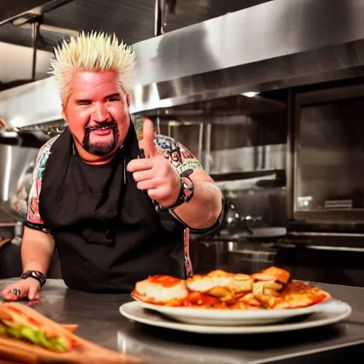 Image similar to Guy Fieri in a modern restaurant kitchen, hyper-realistic, 8k, dramatic lighting, at night, sharp focus