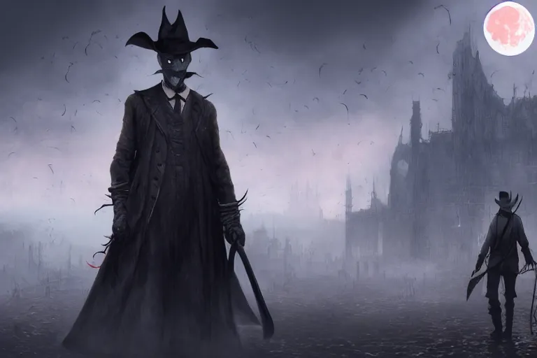 Prompt: an ultra matte painting of mister bean in the style of bloodborne, concept art by art by john collier and albert aublet and krenz cushart, scary shadows, blood moon eclipse, octane render, liminal space