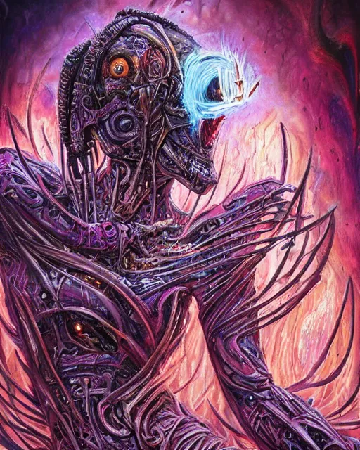 Image similar to mechanical charred bloody fleshmetal cyborg daemonhost woman psychedelic flamer of tzeentch, by antonio j. manzanedo, alex grey, android jones, wayne barlowe, philippe druillet, raymond swanland, cyril rolando, josephine wall, harumi hironaka, cronenburg, trending on artstation