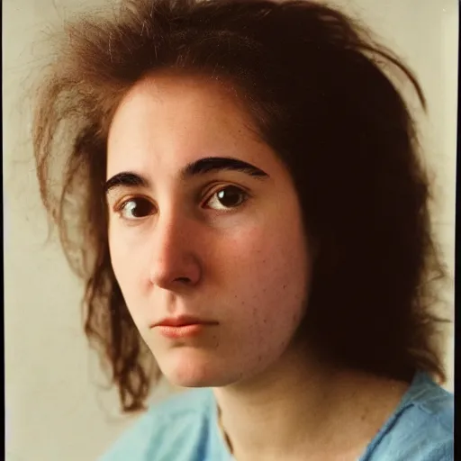 Prompt: a portrait photo of 20 year old female Larry David, with a sad expression, looking forward