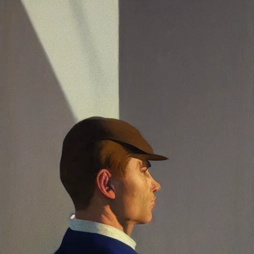 Image similar to a realistic portrait of a man staring at the camera with dramatic lighting, by moebius, edward hopper, muted flat surreal design, hd, 8 k, artstation