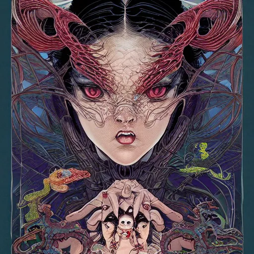 Image similar to portrait of crazy dark girl with reptiles, symmetrical, by yoichi hatakenaka, masamune shirow, josan gonzales and dan mumford, ayami kojima, takato yamamoto, barclay shaw, karol bak, yukito kishiro