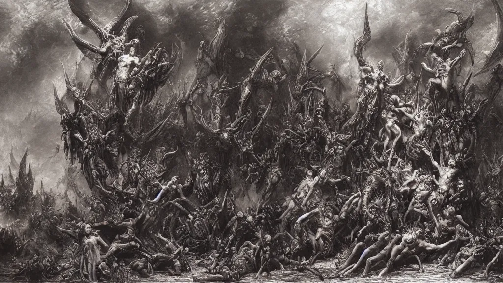 Image similar to satans fall from paradise into hell by gustave dore, james ryman, wayne barlowe. deep rich color