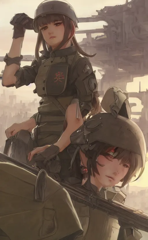 Prompt: panoramic view, a soldier girl, soldier clothing, battlefield in background, anime style, hair down, symmetrical facial features, from arknights, hyper realistic, 4 k, extreme detail, detailed drawing, trending artstation, safebooru, realistic lighting, by alphonse mucha, greg rutkowski, sharp focus