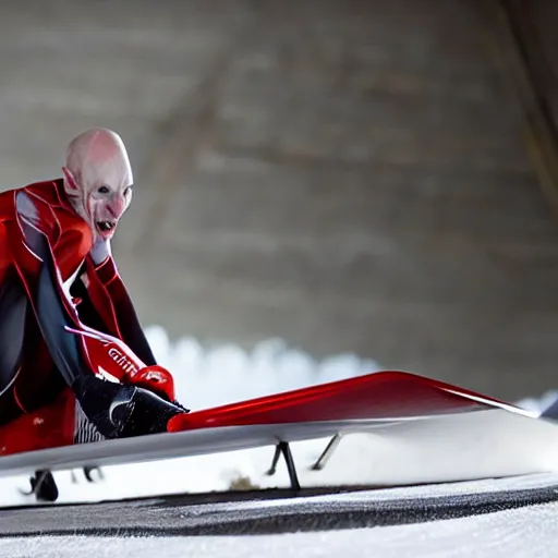 Image similar to portrait of nosferatu is doing bobsleigh alone, sport photography