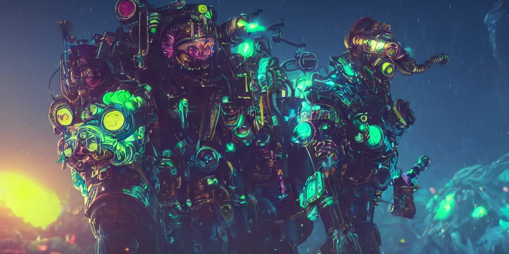 Image similar to pimp wearing a steampunk and neonpunk mechanical fluorescent mystical animal mask in strange misty mountain landscape. fight with night street - walking monsters, night, realism in style of fornite game, 4 k, octane render, artwork by tooth wu and wlop and beeple and greg rutkowski, ambient occlusion, award winning photograph, epic cinematic shot