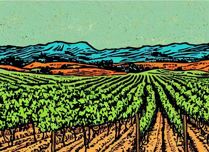 Image similar to wine label, linocut vineyard landscape by greg rutkowski, fine details, highly detailed